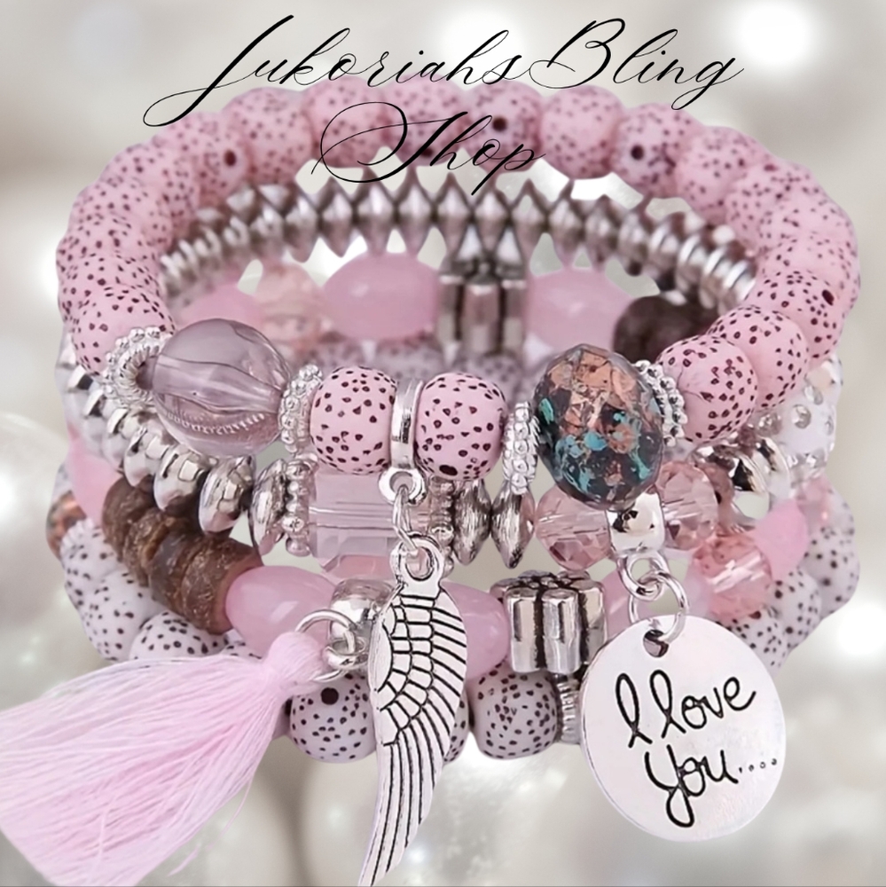 Pink Bohemian Stack Charm Bracelet
